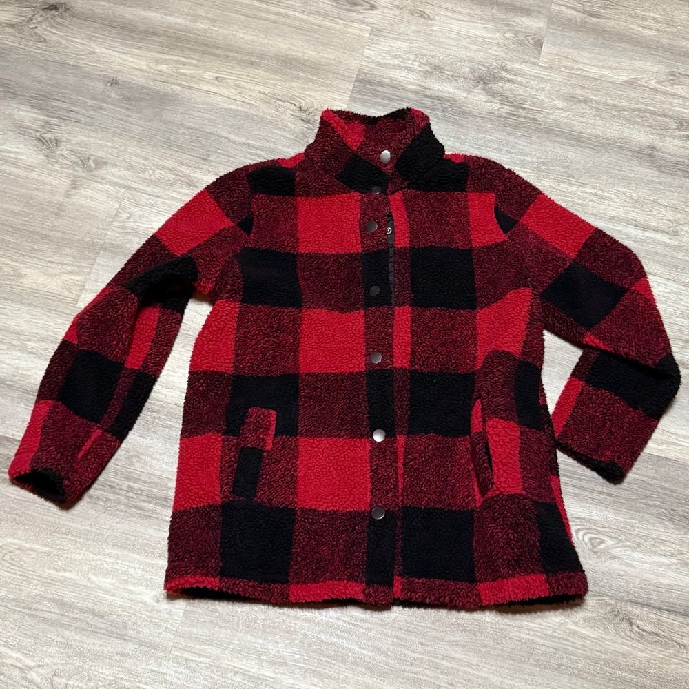 Maurices Womens Large Sherpa Buffalo Plaid Button Front Coat